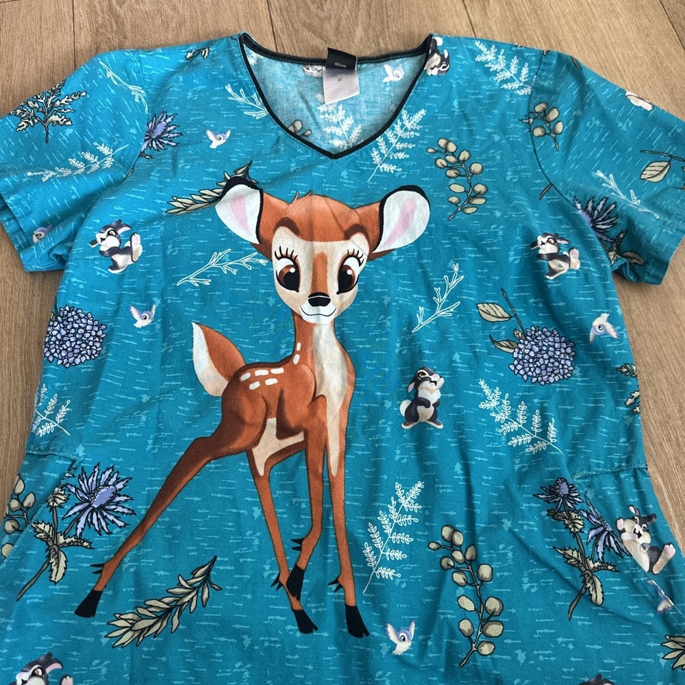 Disney Nurse Scrub Top Medium V Neck Bambi‎ Thumper Medical Pediatric